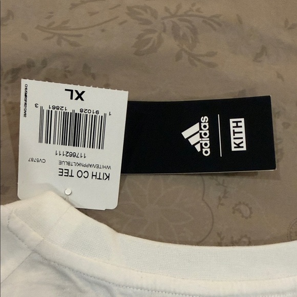 Kith Adidas White Tee with Blue Stripes and Pink Logo - Picture 5 of 5